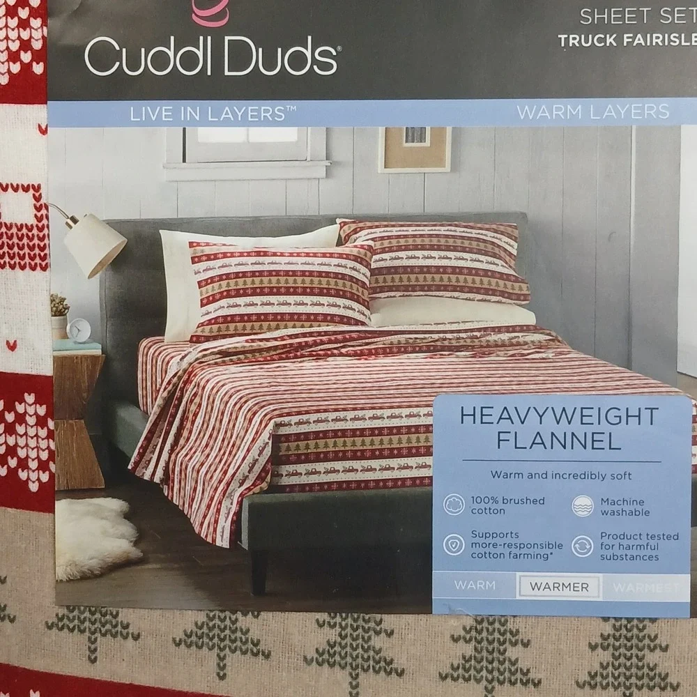 Flannel Sheet Set, Full, Cuddl Duds Heavyweight Cotton Truck Fairisle Warm Cozy